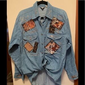 Vintage Handcrafted connections nyc denim button down with animal applique